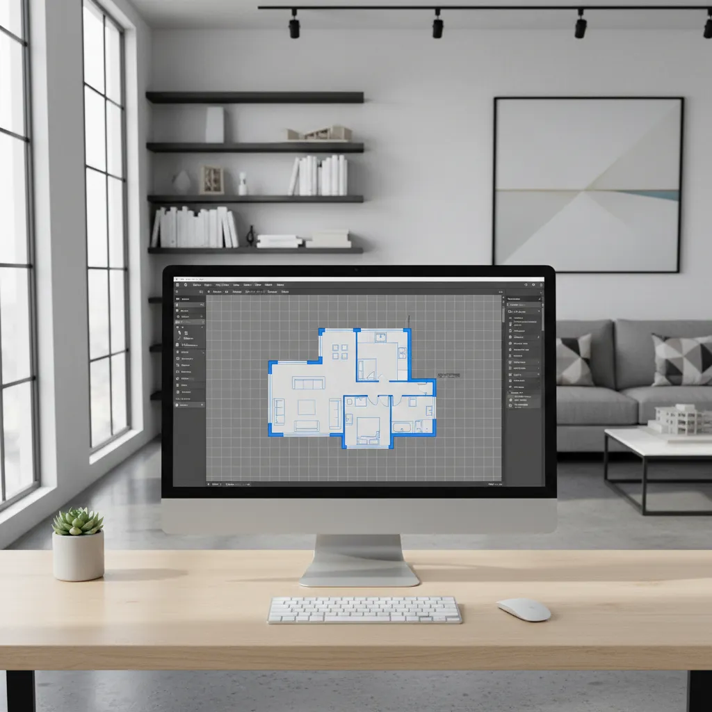 PC monitor displaying home floor plan layout design interface