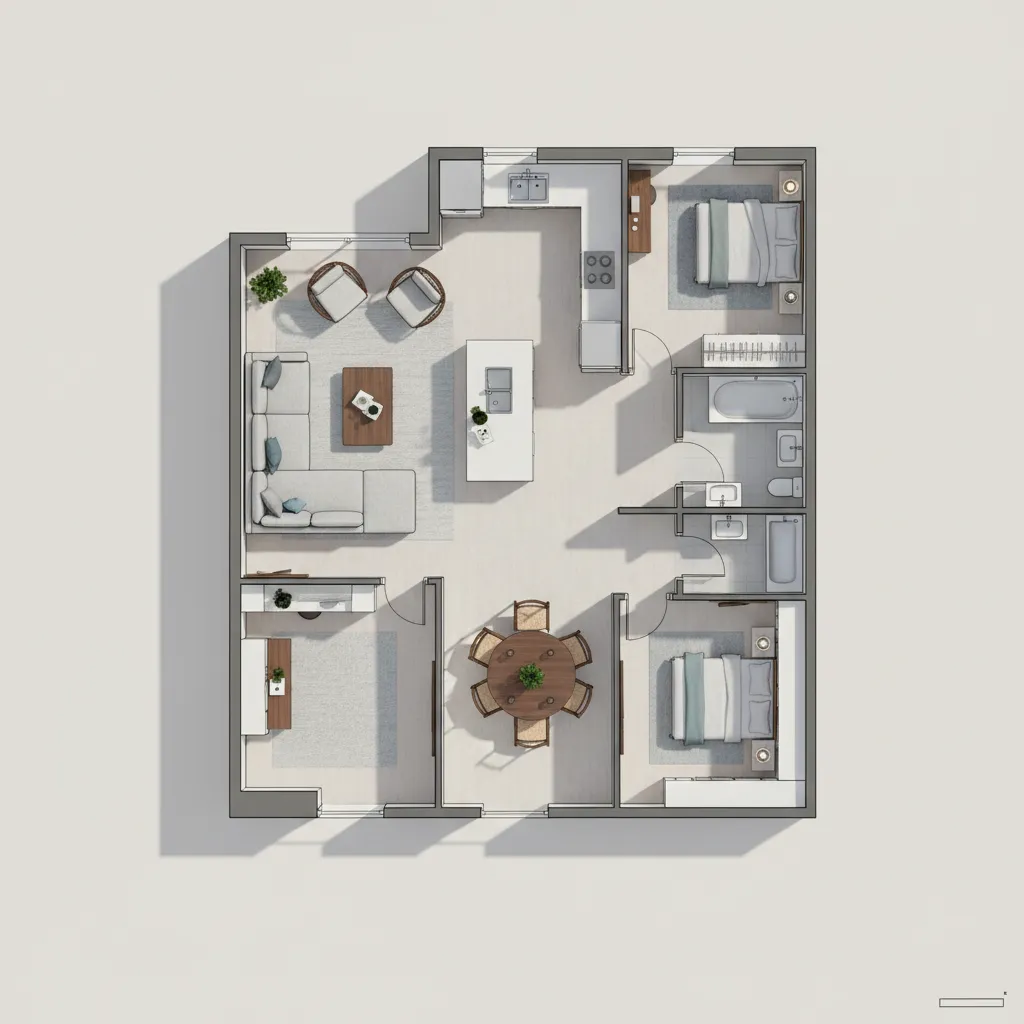 Plano de distribución de apartamento con muebles y medidas