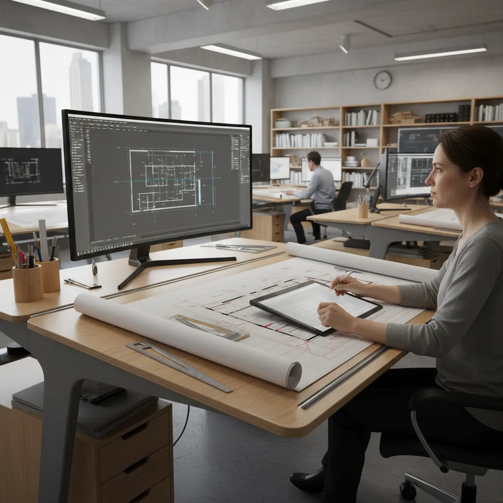 Architectural workflow showing printed floor plan being converted into digital 2D CAD drawing