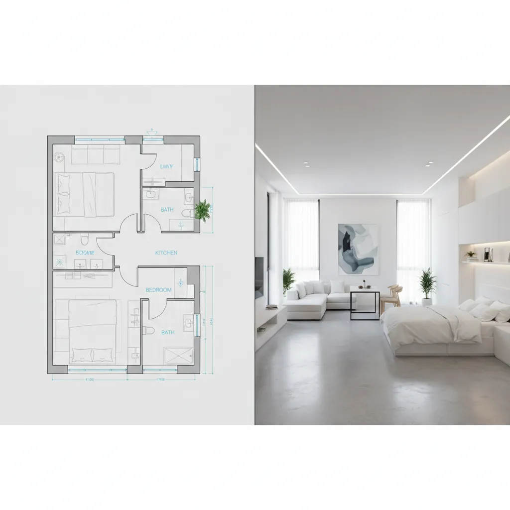 Comparación entre plano 2D y visualización 3D de un mismo espacio interior