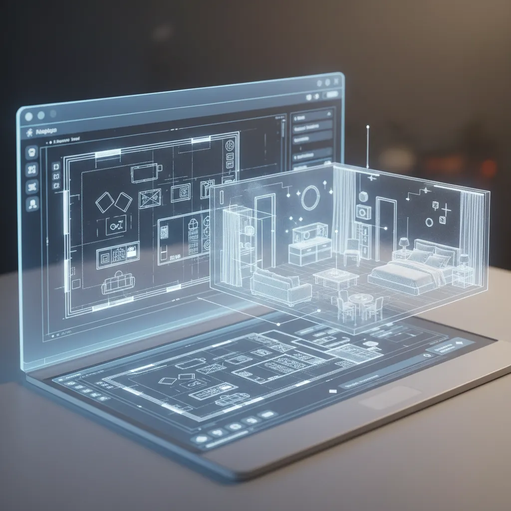 Laptop screen displaying a flat floor plan with a floating 3D interior design drawing model