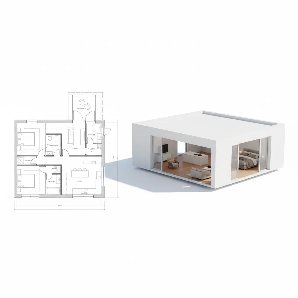 2D architectural floor plan transitioning into a 3D house model