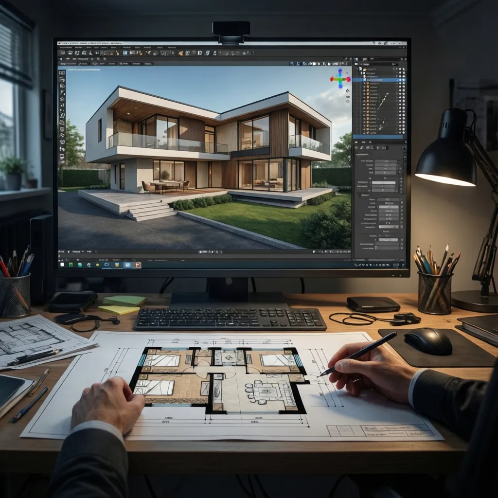 Architect working on converting a 2D floor plan into a 3D elevation model on a design workstation