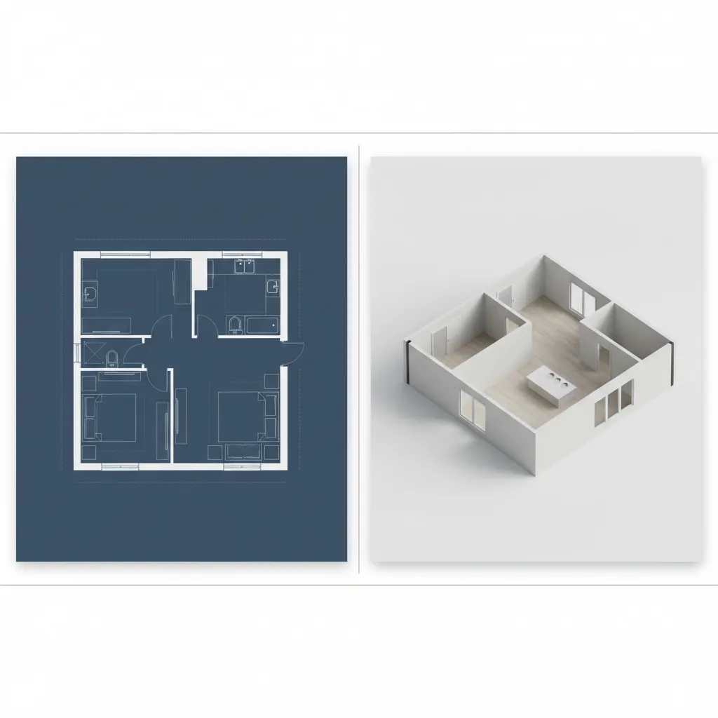 Comparison of a 2D floor plan and its incorrect 3D model conversion