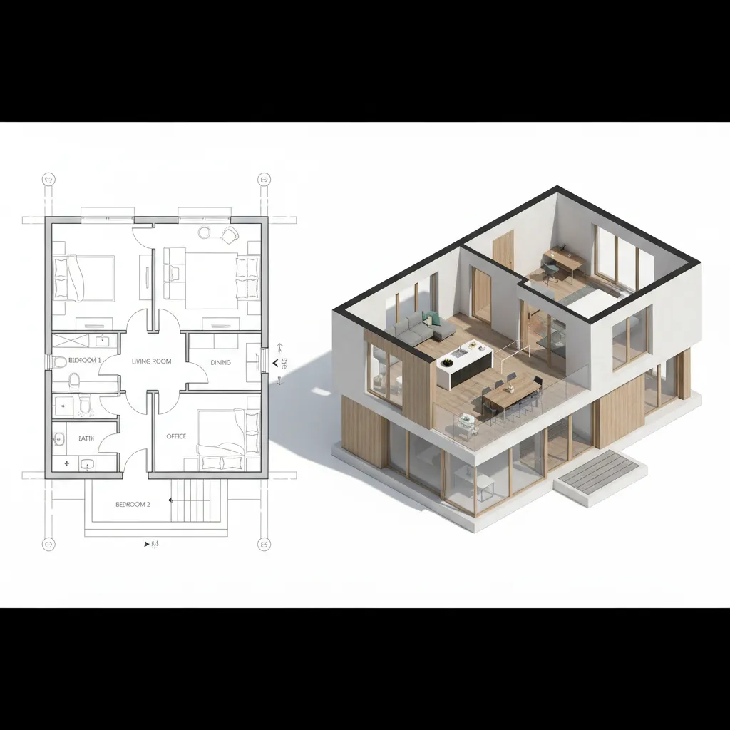 comparison between a 2D floor plan and a 3D house visualization model