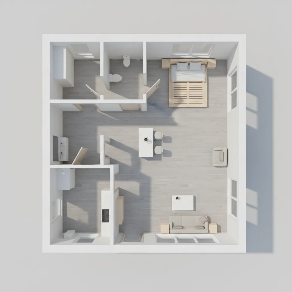 3D model generated from a 2D apartment floor plan showing walls and rooms