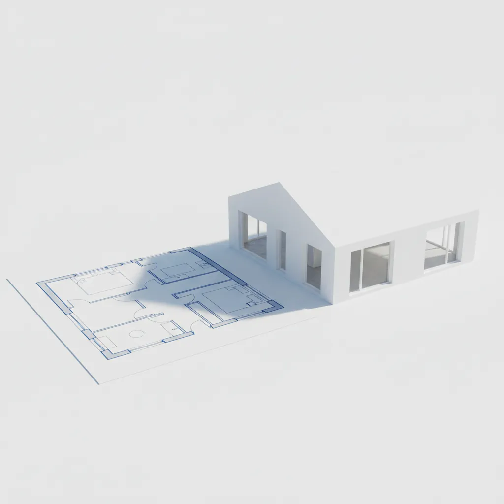 Architectural floor plan transforming into a simple 3D building model