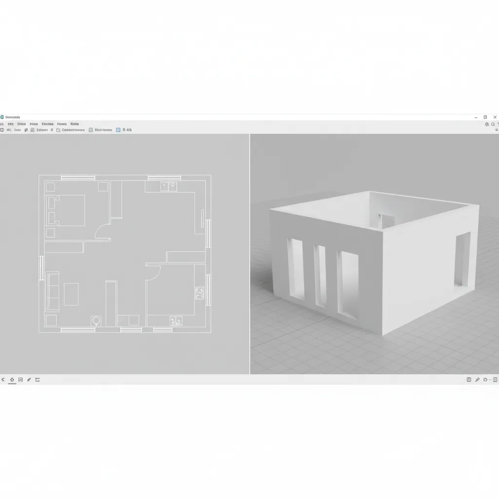 Architectural floor plan displayed beside a basic 3D model showing walls and room layout