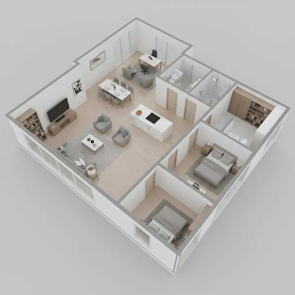 3D house model generated from a floor plan showing walls rooms and furniture layout