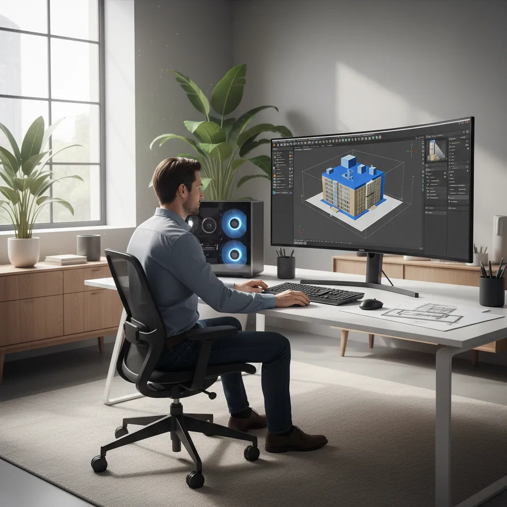 Designer converting a floor plan into a 3D architectural model on computer software