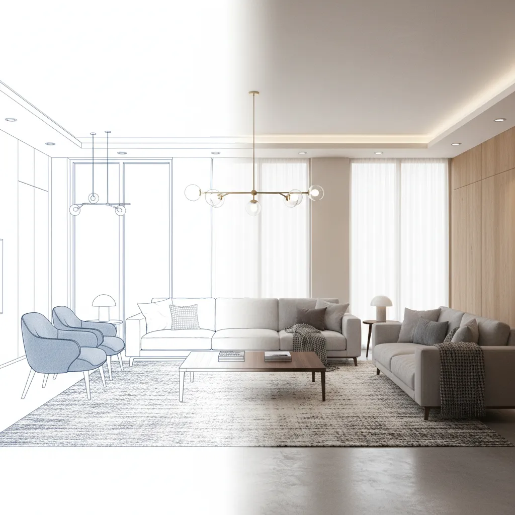 2D floor plan transitioning into a furnished 3D living room visualization