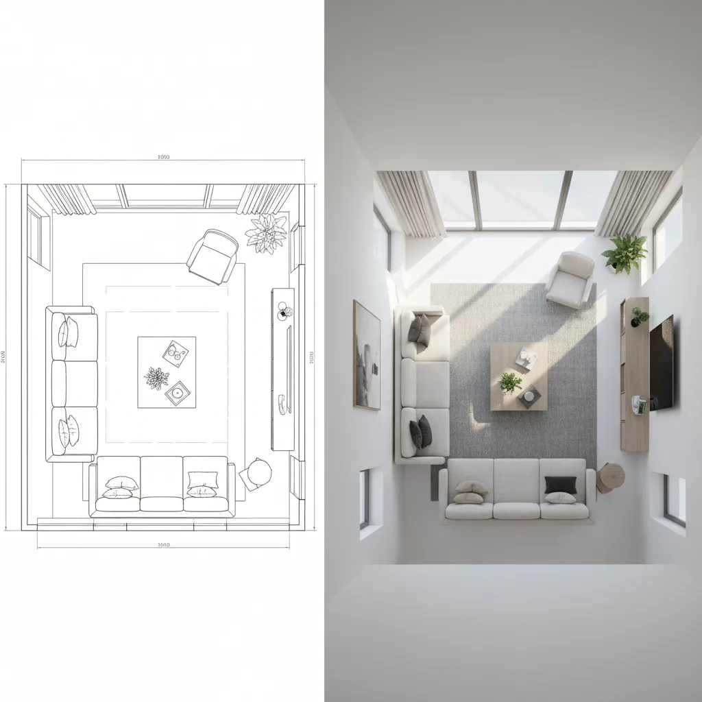 transition from 2D floor plan to realistic 3D room visualization created with a floor plan creator