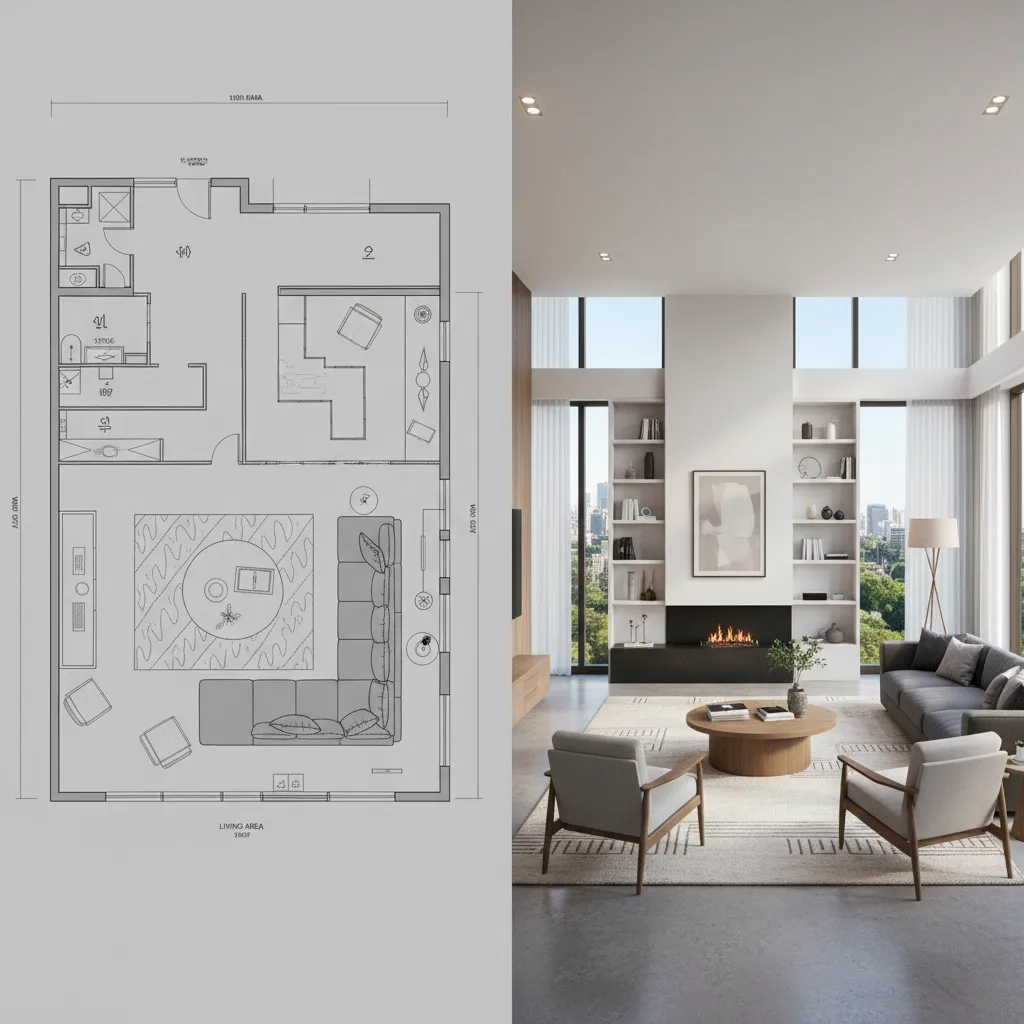 comparison of 2D floor plan and 3D room visualization generated from it