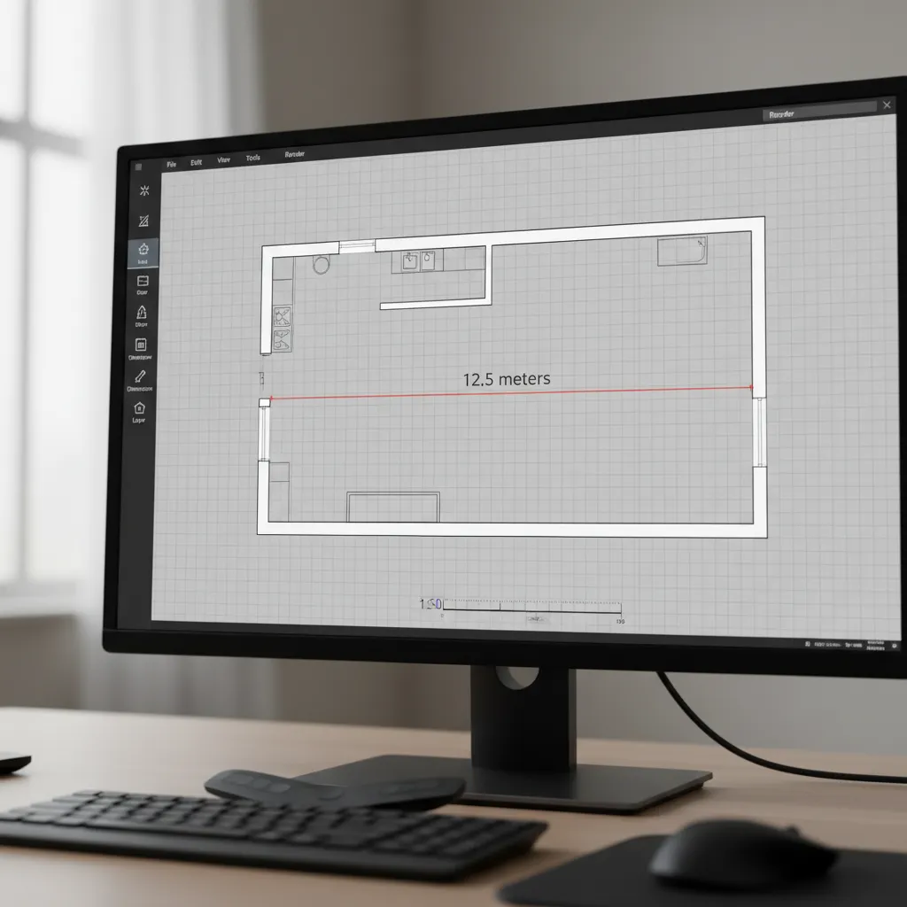 Architectural software calibrating floor plan scale using a known measurement line