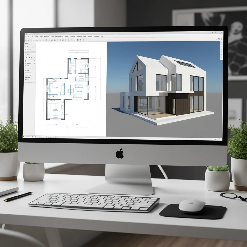 Design software interface converting a floor plan into a 3D house visualization