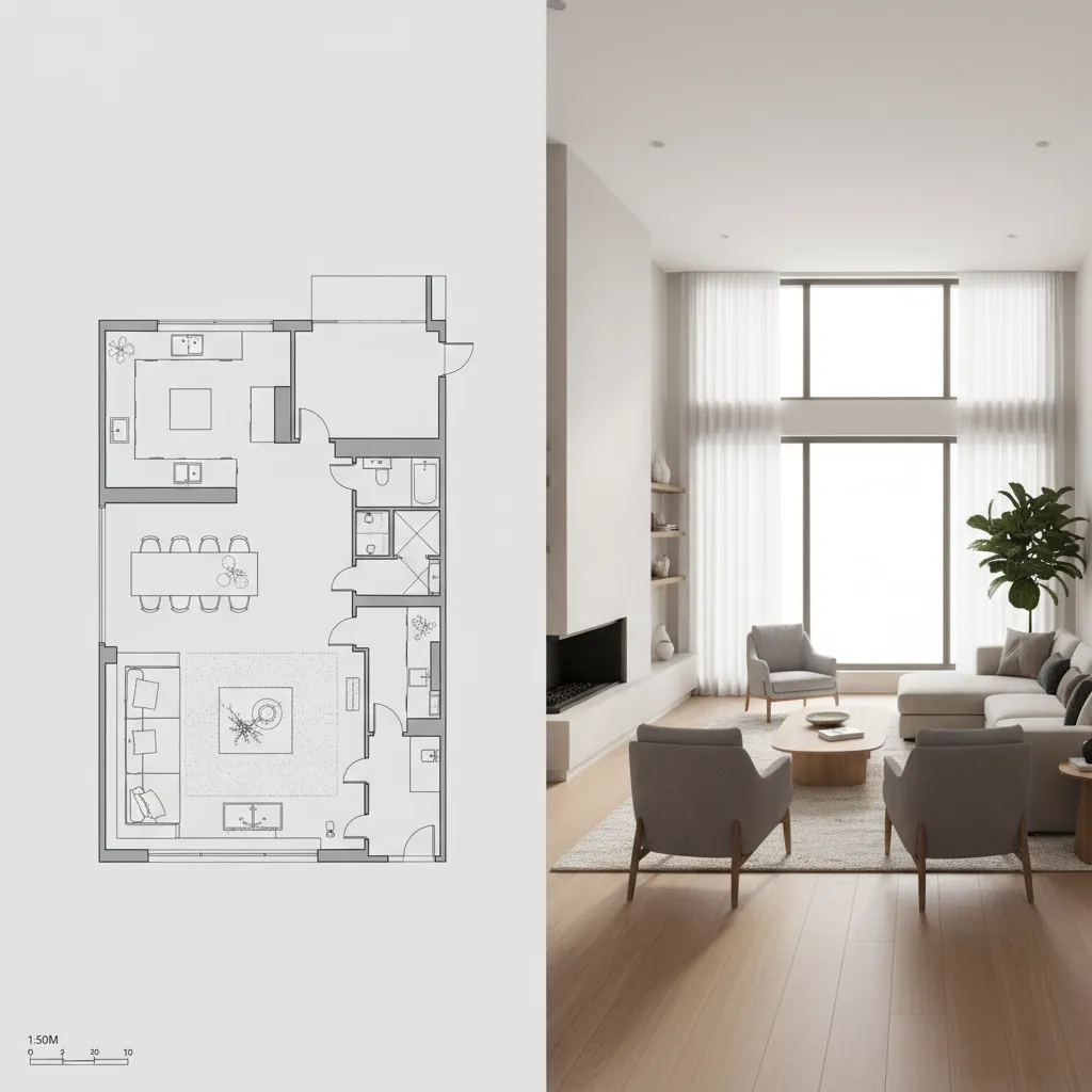 transition from 2D floor plan to 3D interior visualization