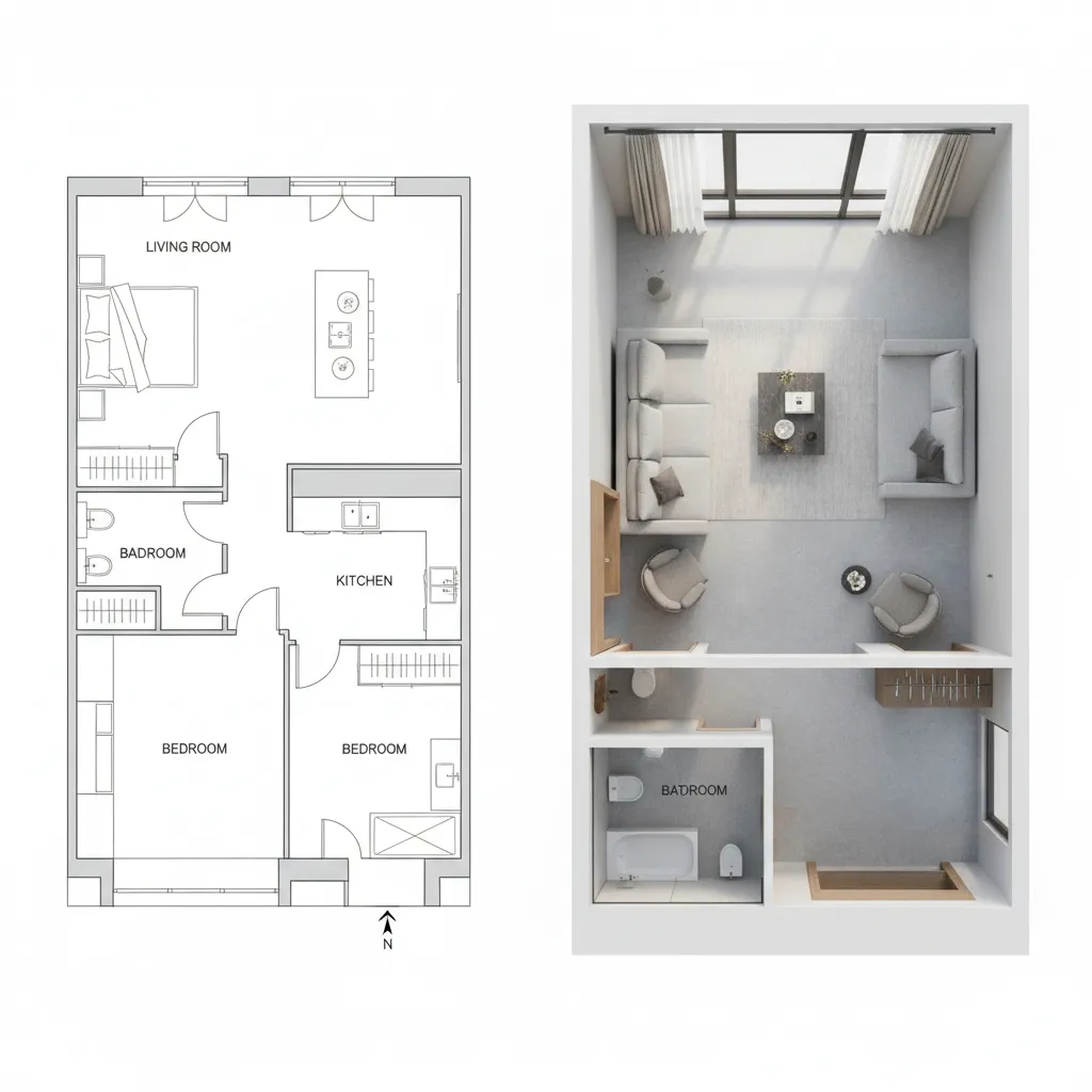 comparison of 2D floor plan next to 3D rendered apartment layout