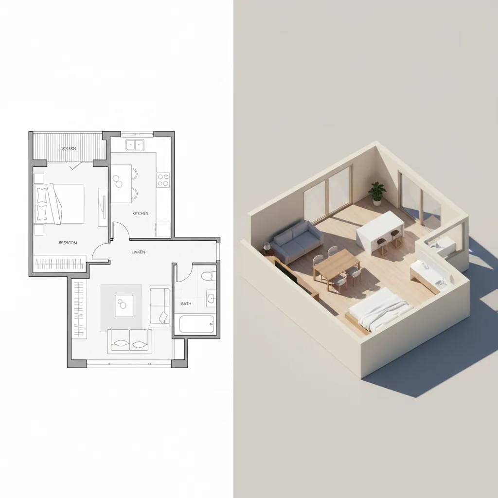 Example of a floor plan displayed next to a simple 3D interior model conversion