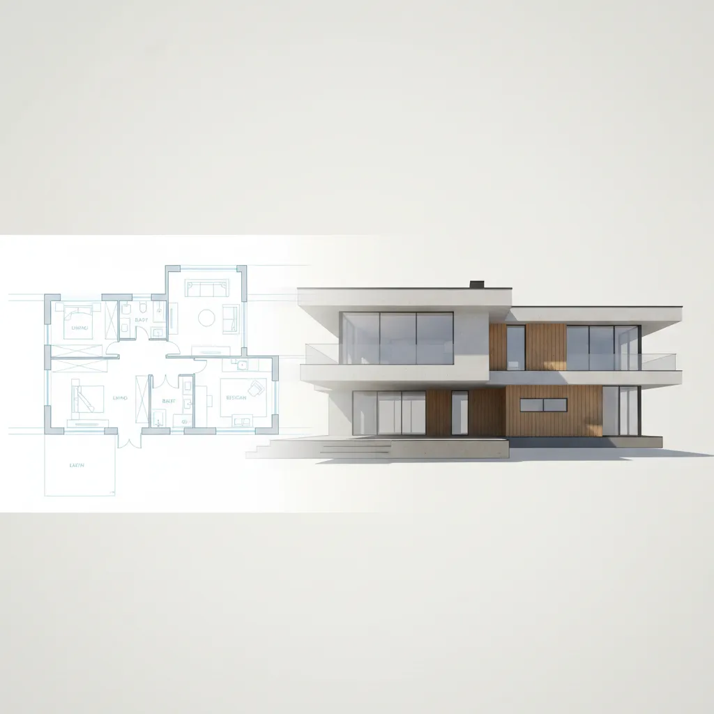 architectural visualization showing relationship between floor plan layout and house elevation