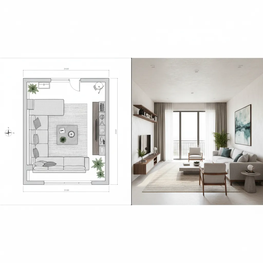 Comparación entre plano de distribución y render final de un espacio interior