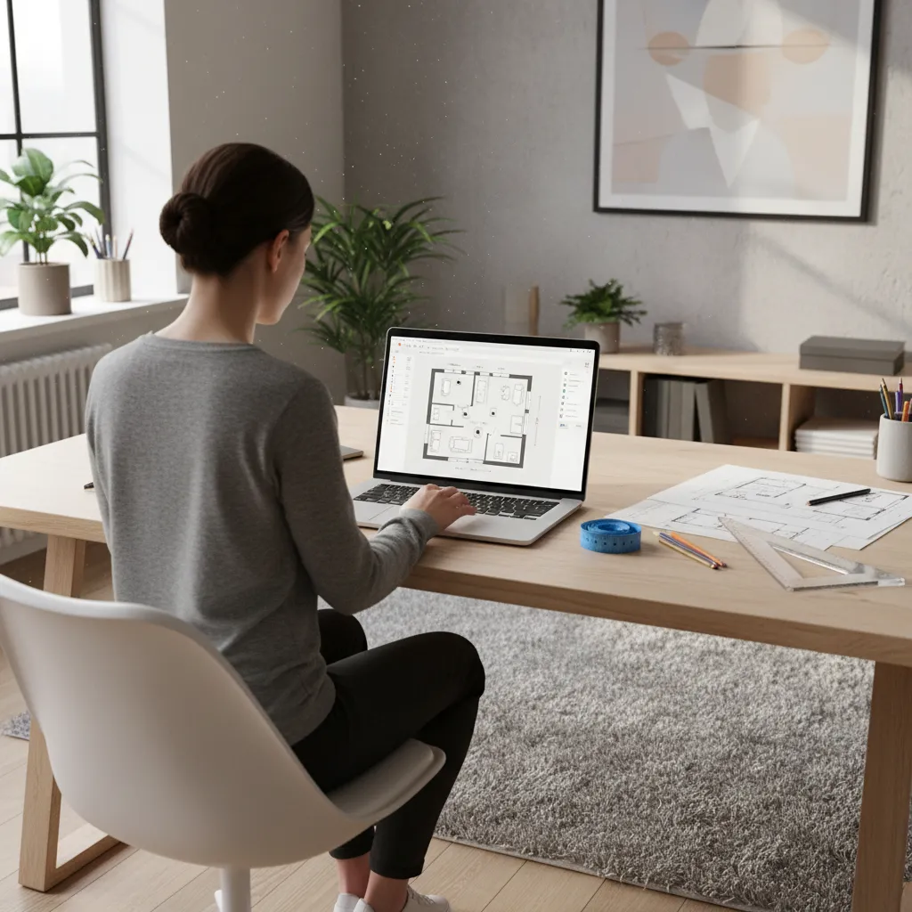 designer using a digital floor plan creator on a laptop