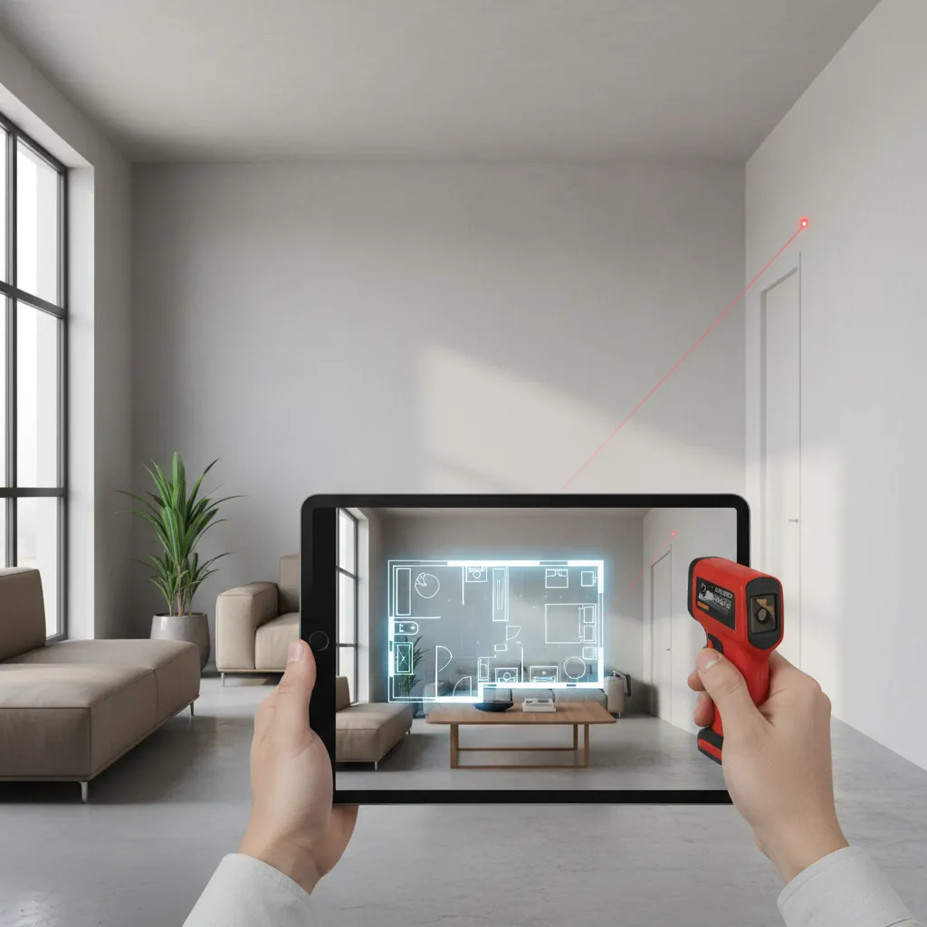 tablet showing digital floor plan while measuring wall for validation