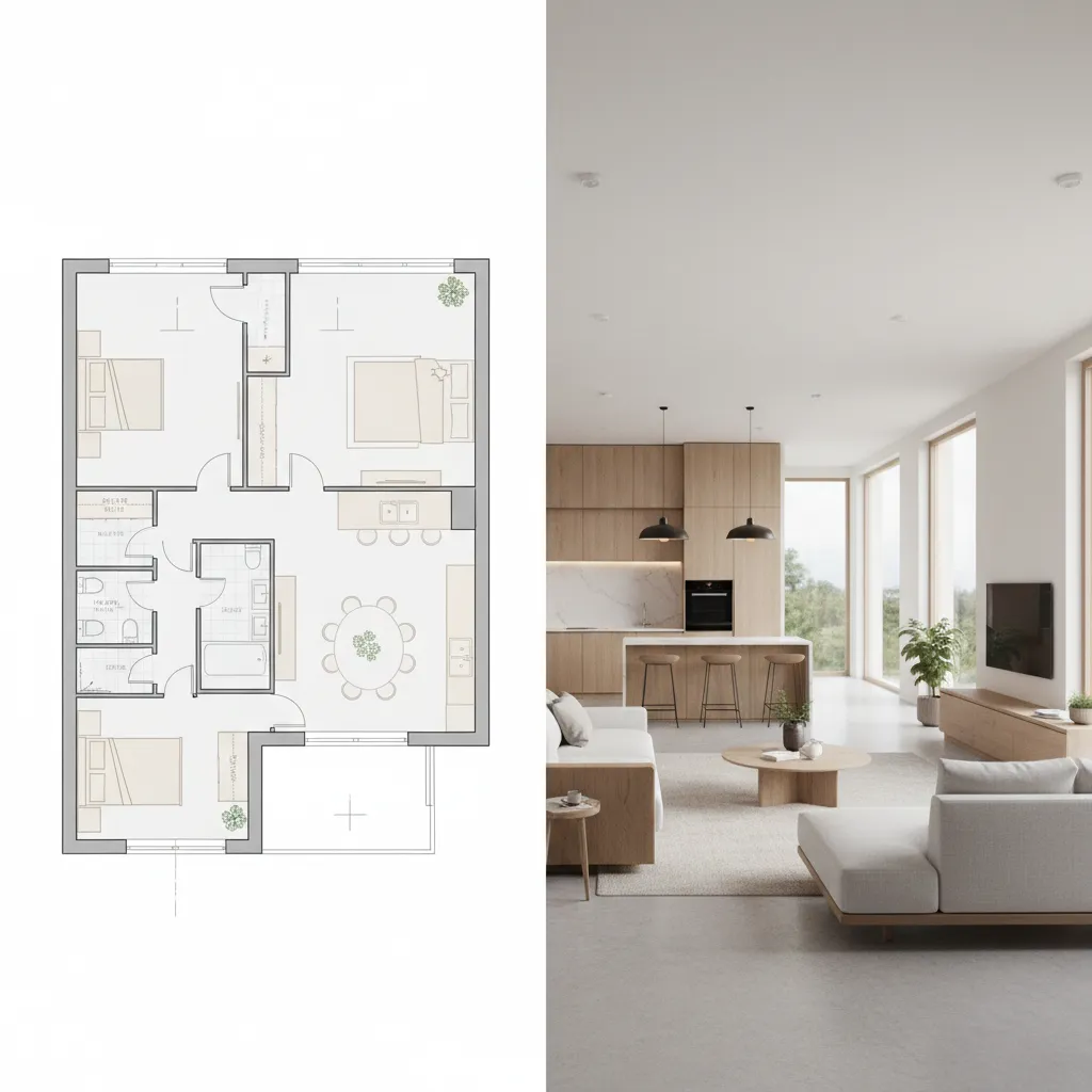 Comparison of simple floor plan diagram and 3D rendered interior space