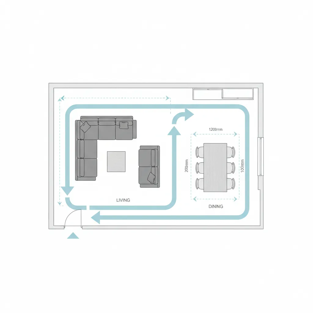 Living room floor plan diagram highlighting walking paths and clearance zones