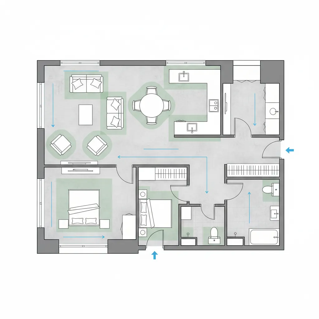Diagram showing walkway spacing and furniture clearance in a floor plan