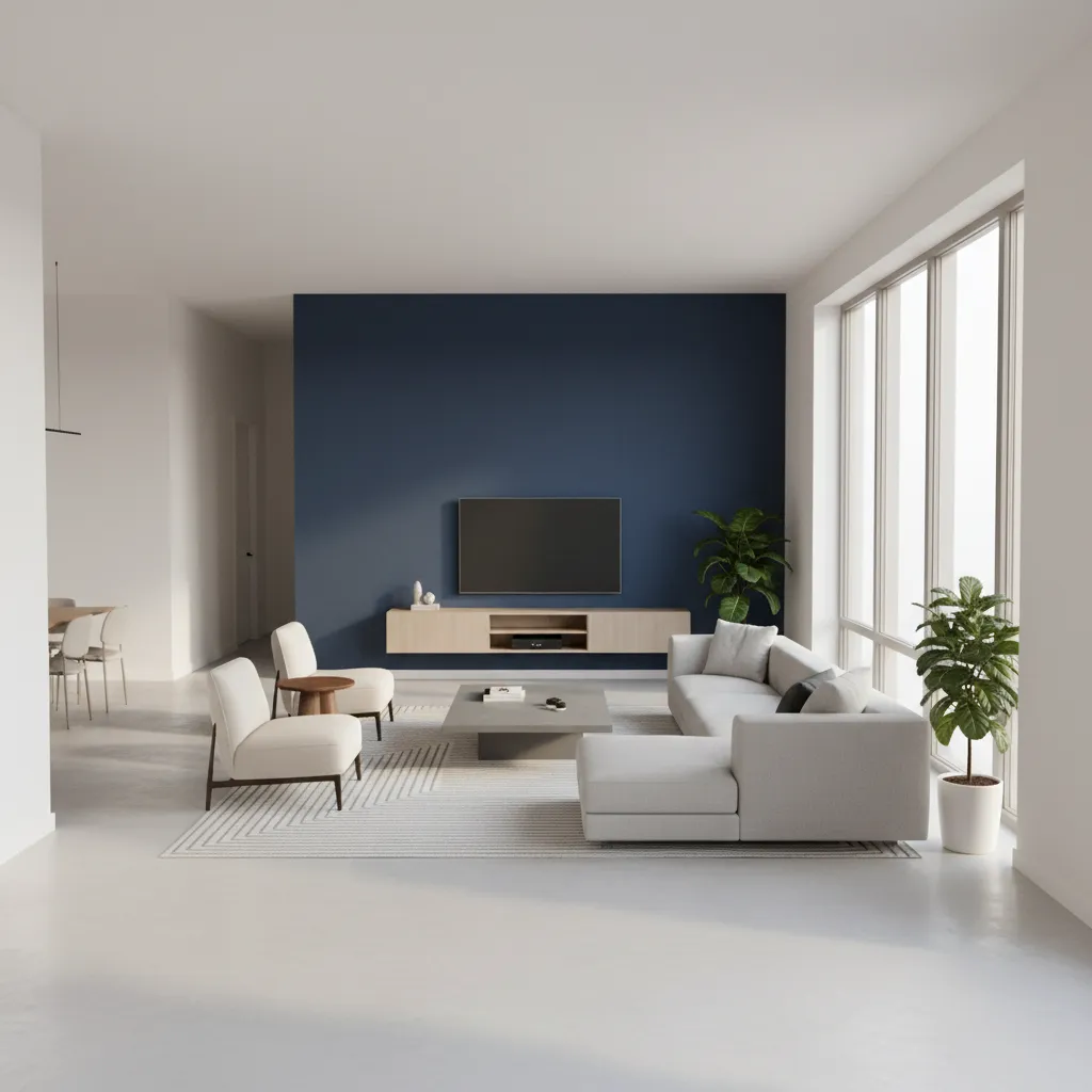 digital floor plan showing accent wall color customization in a modern living room