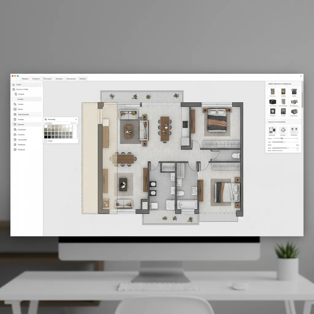floor plan creator interface highlighting wall surface selection for color editing
