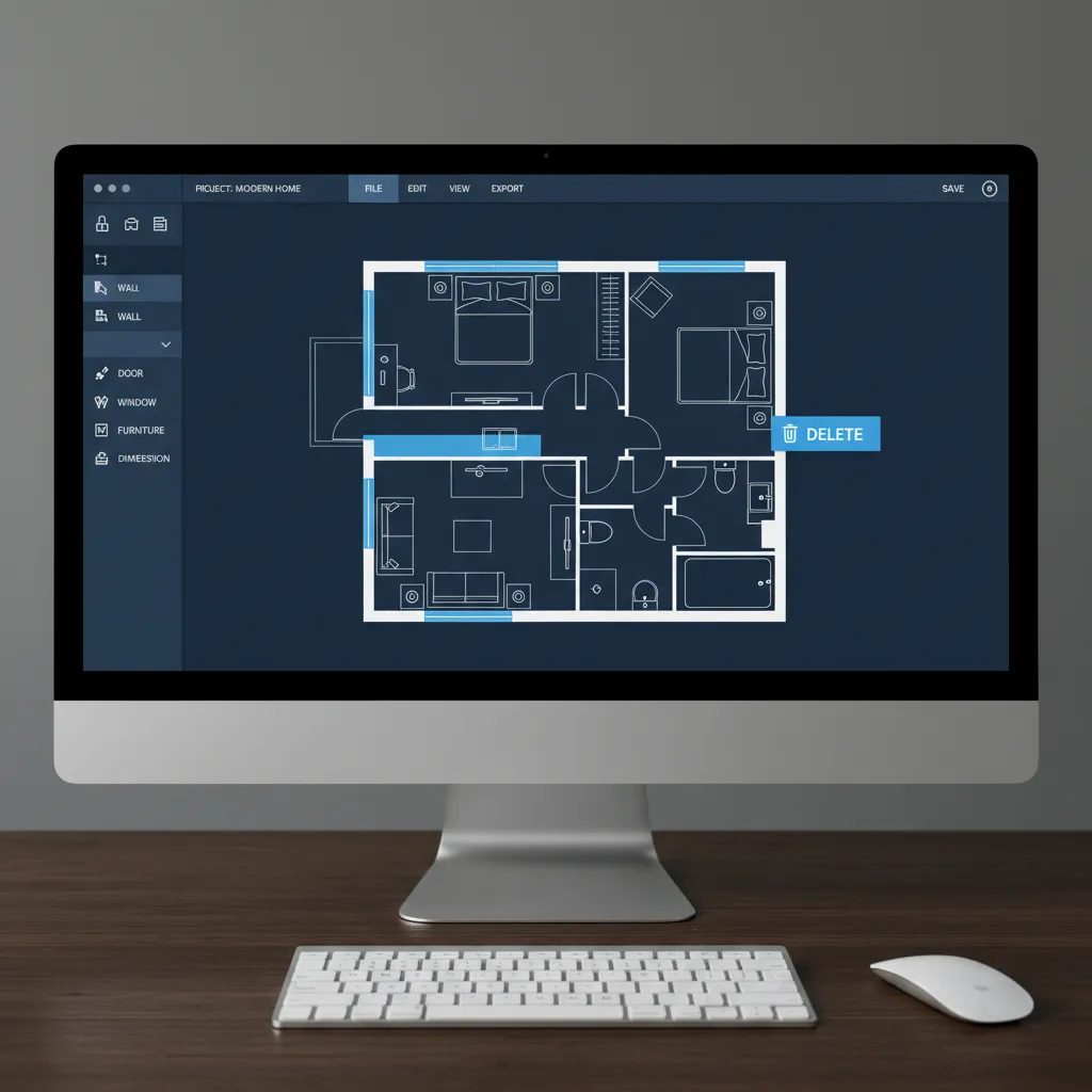 Digital floor plan editing interface showing wall selection and deletion
