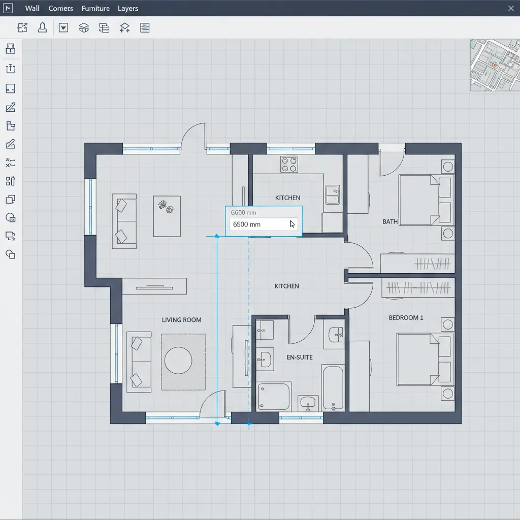 Typing exact wall measurement in floor planning software dimension box