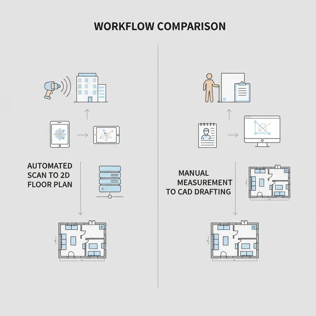 Visual comparison of automated floor plan workflow and traditional drafting workflow