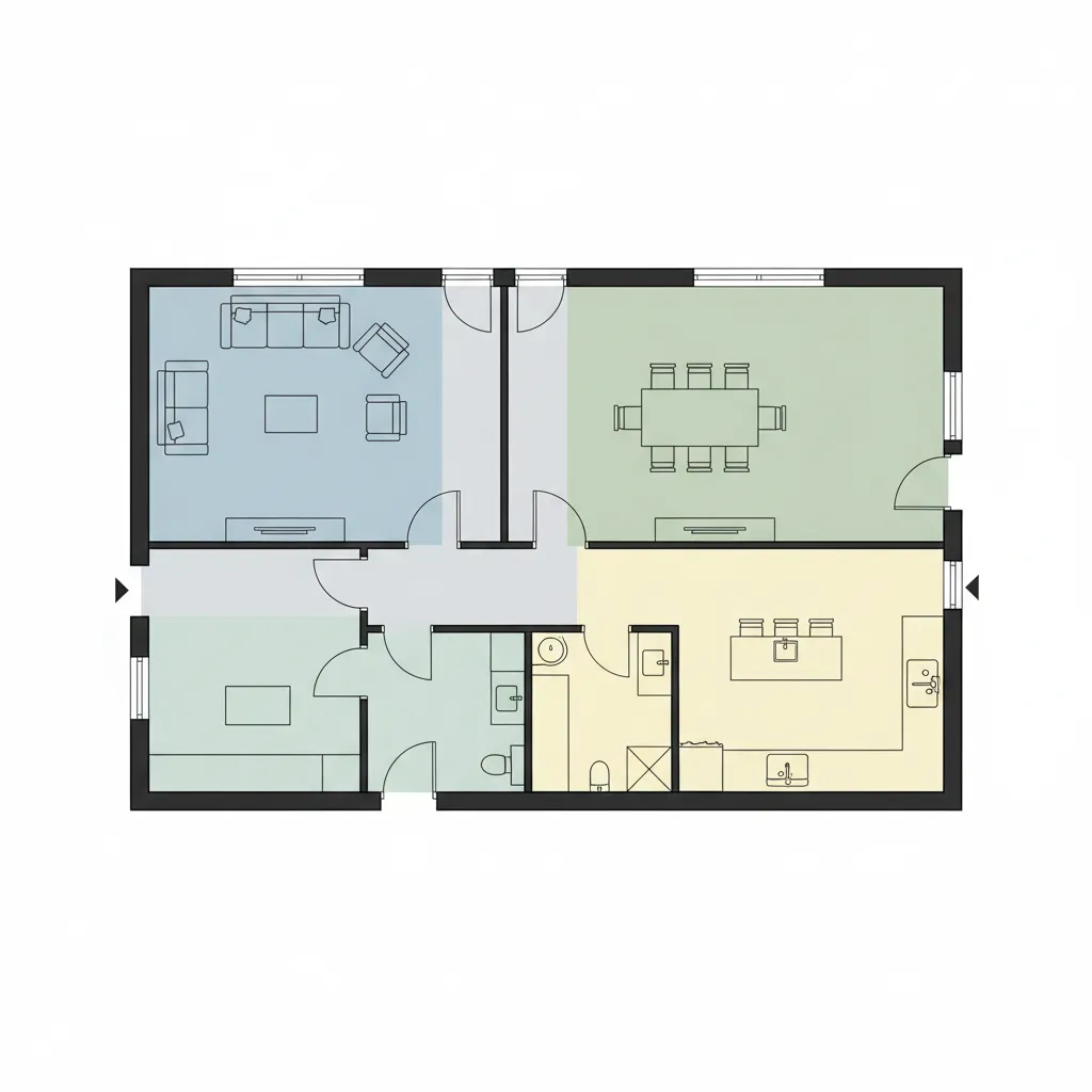 2D floor plan showing functional zoning between living dining and kitchen areas