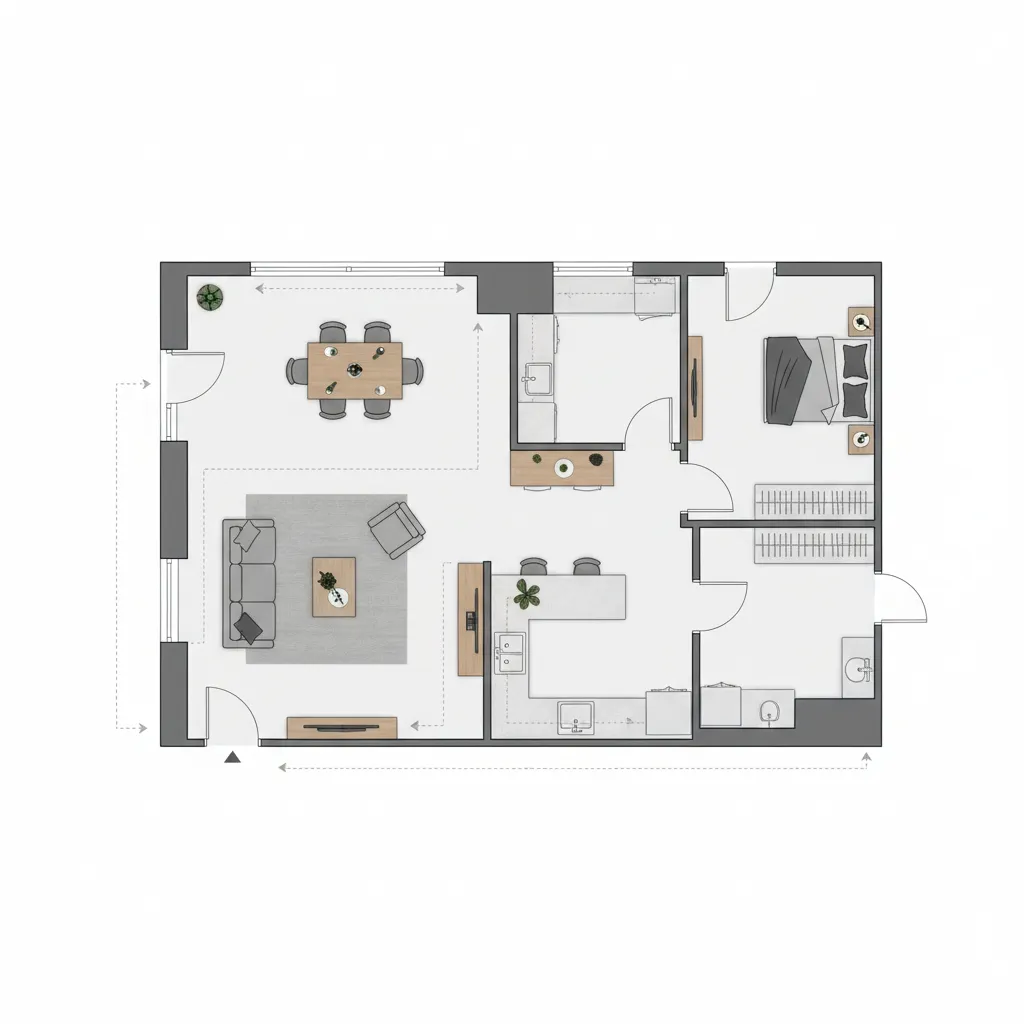 apartment floor plan showing living room kitchen and circulation layout zones
