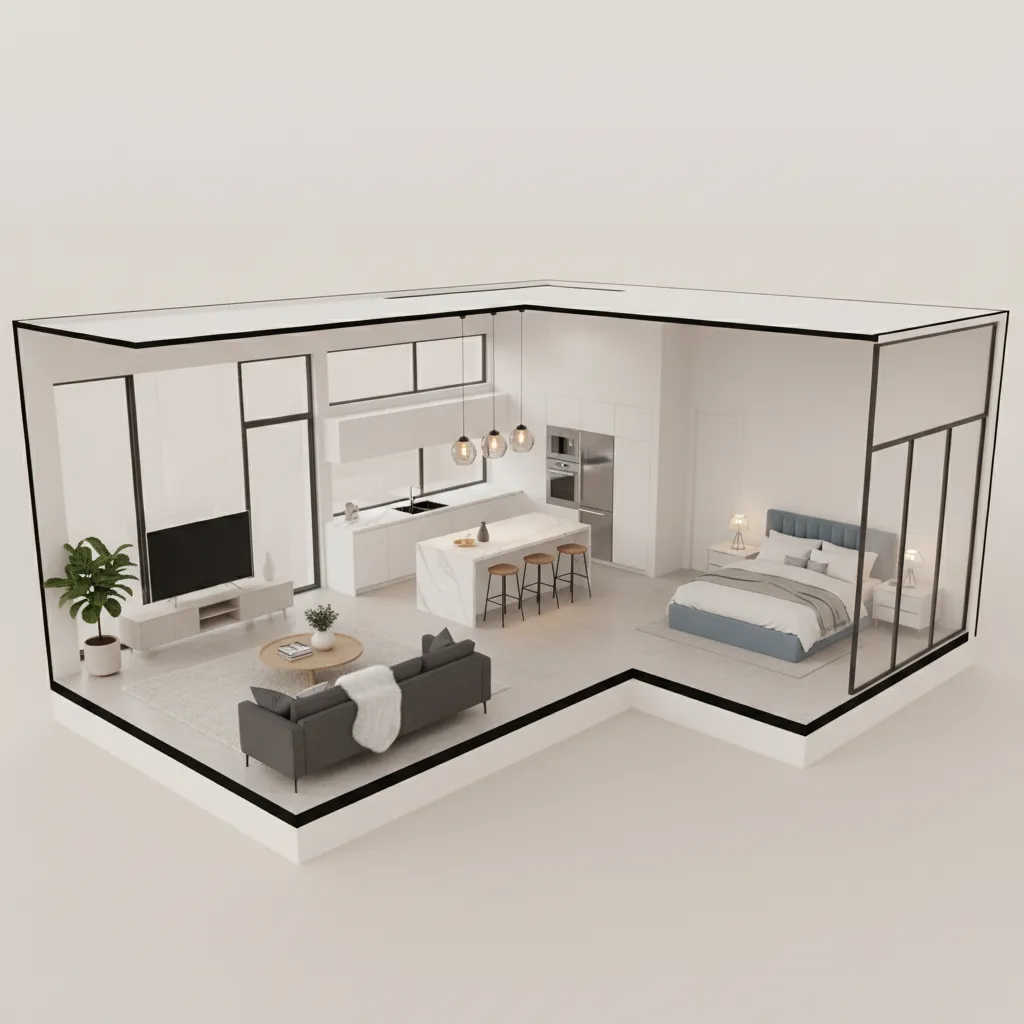 3D interior design drawing of an open plan living room kitchen and bedroom with furniture