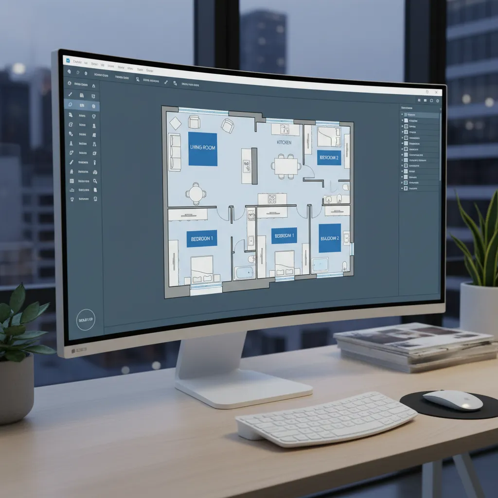Digital floor planner software interface showing apartment layout on a Windows screen