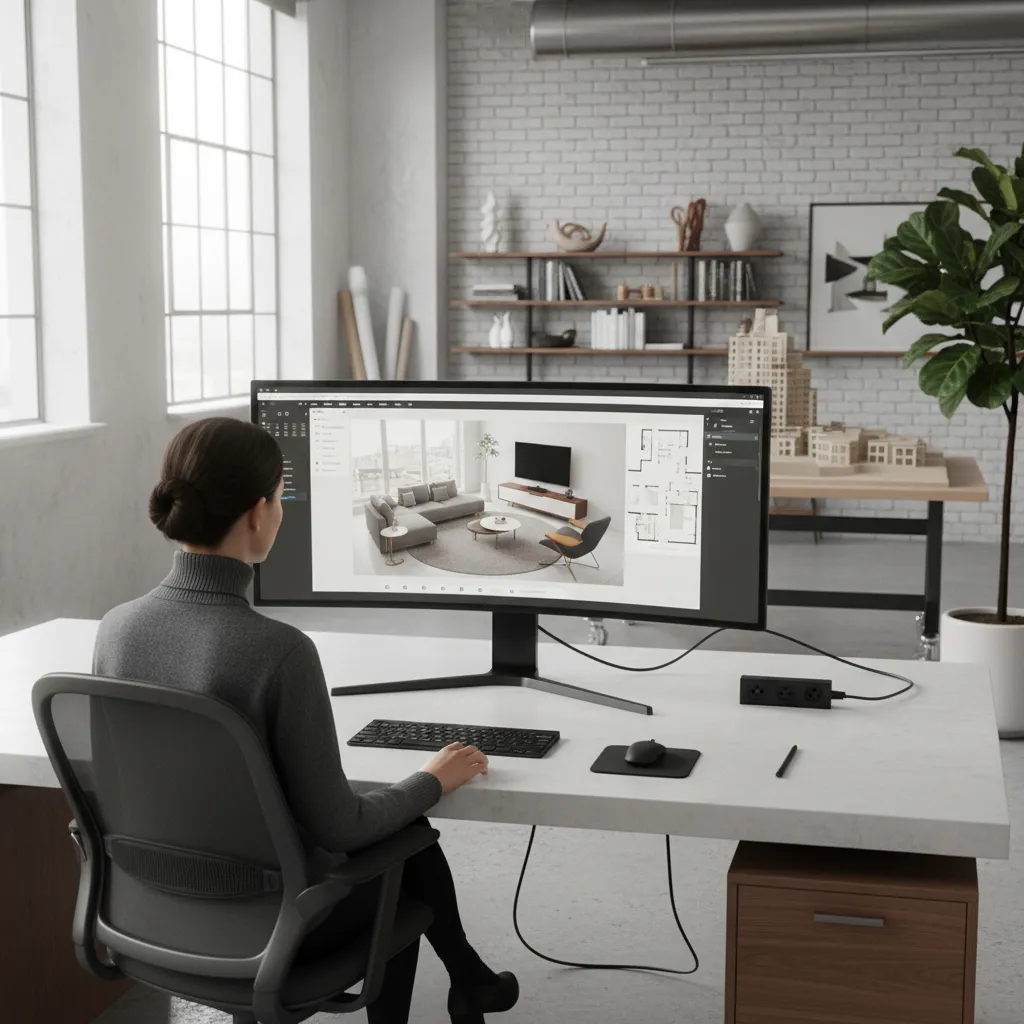 Interior designer using curved monitor to create room layout design in bright white home office
