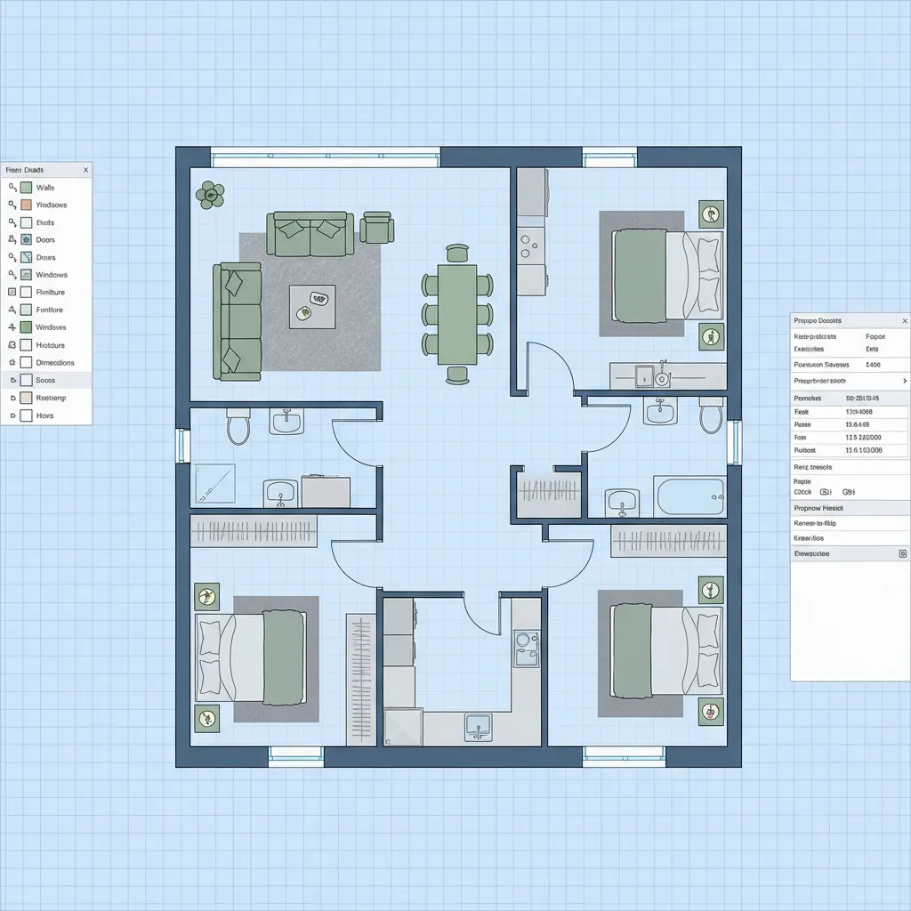Floor planner project with multiple rooms furniture and layout elements visible
