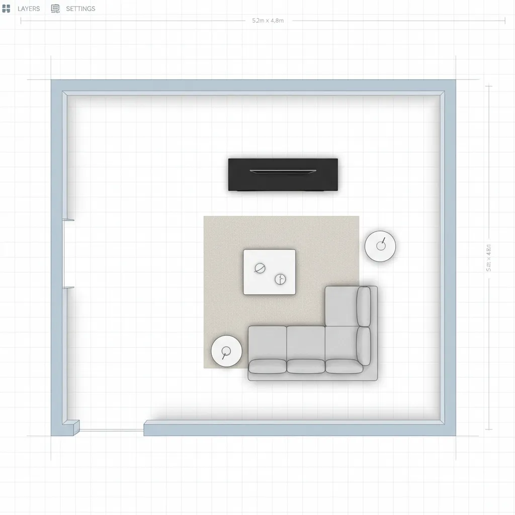 Top down 2D room layout showing grey sofa coffee table and TV cabinet on grid