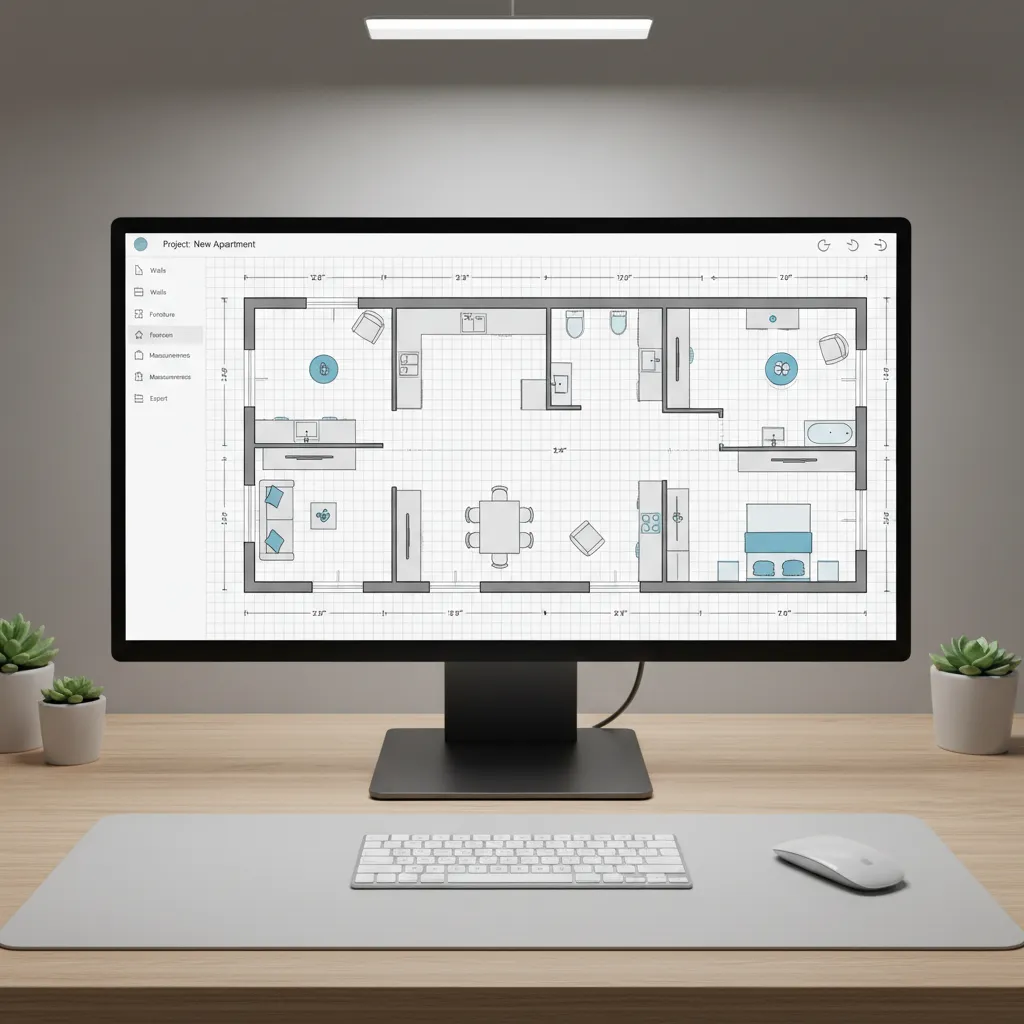 floor planner interface showing apartment layout and furniture placement grid