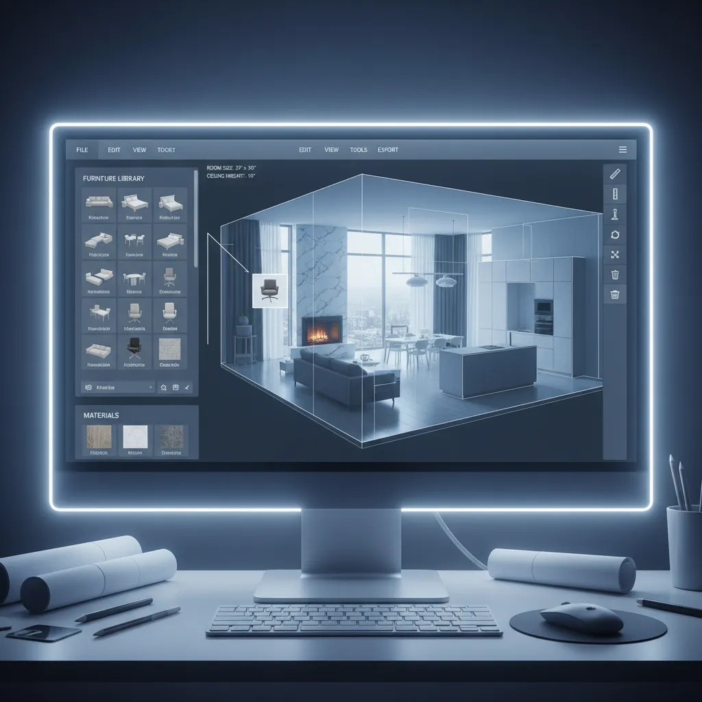 Software tools panel showing furniture placement and layout editing features