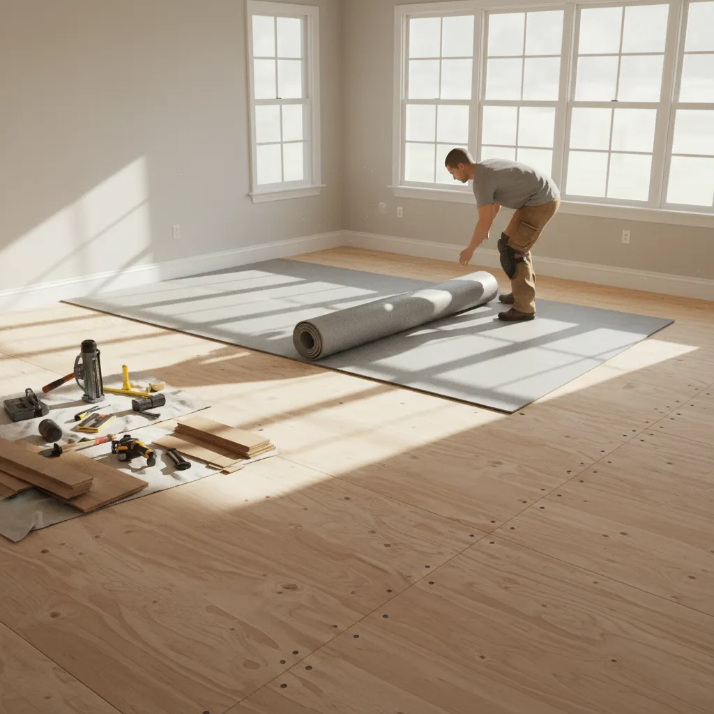 Renovation project showing subfloor preparation and underlayment installation