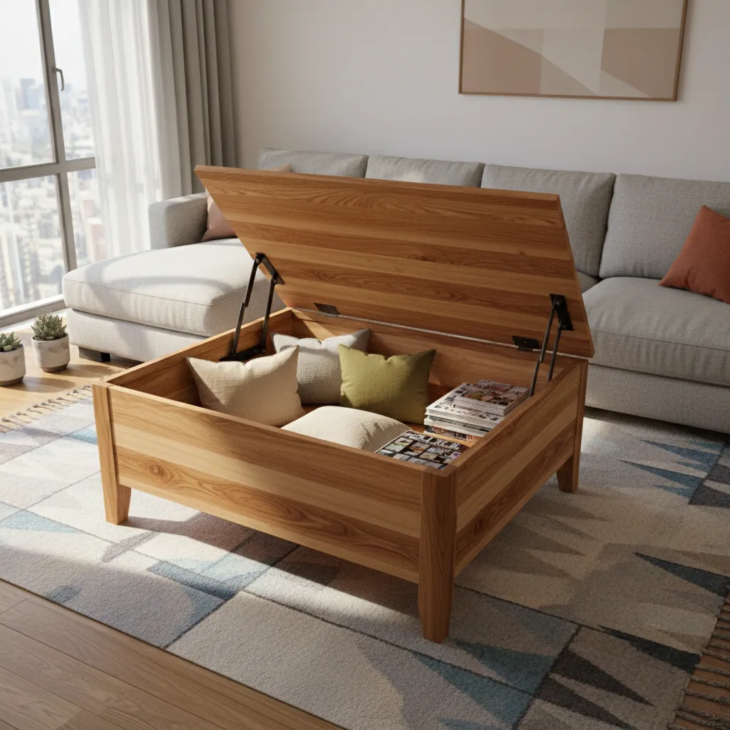 DIY wooden floor table with lift-top storage compartment open