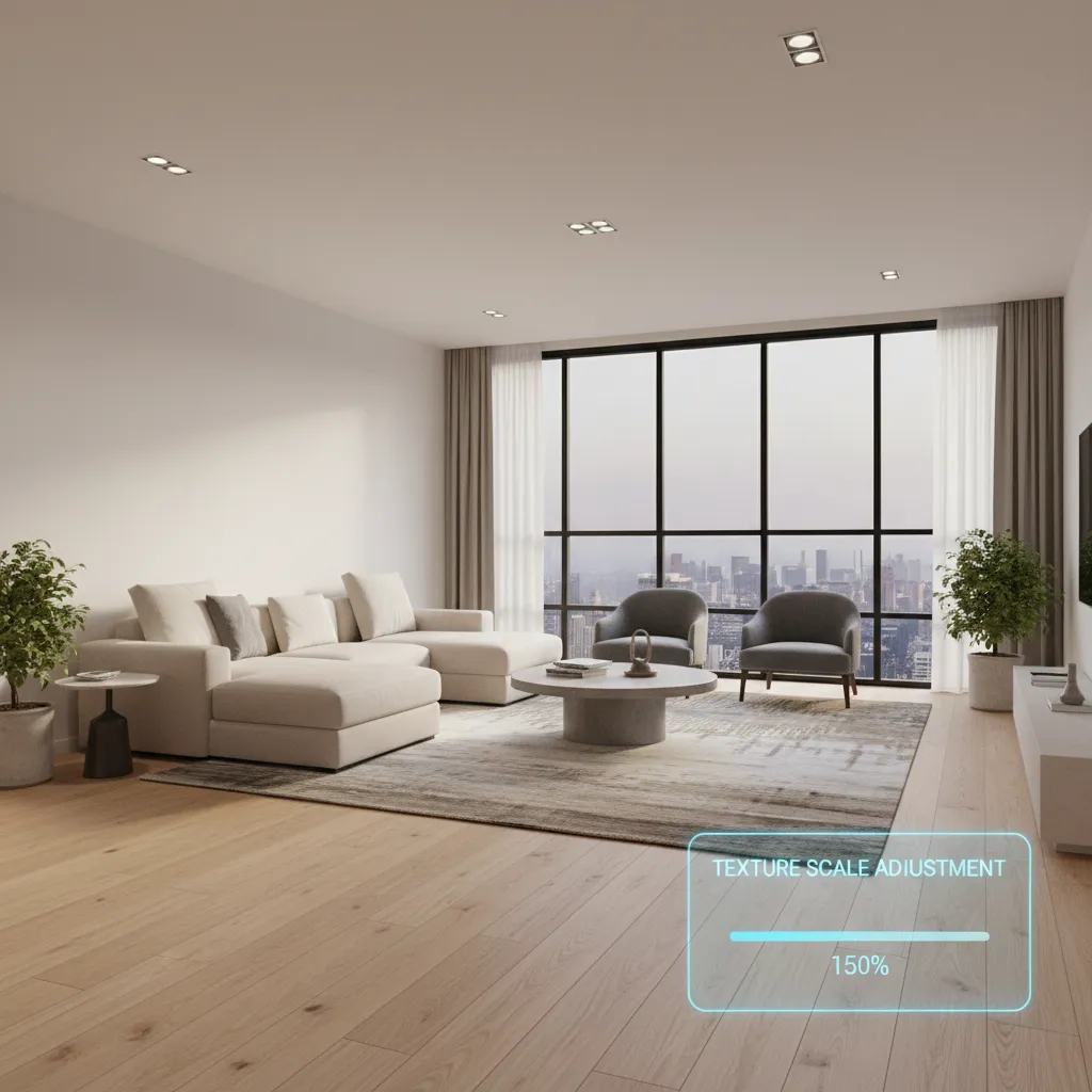 Adjusting wood plank texture scale in a digital floor planner 3D preview