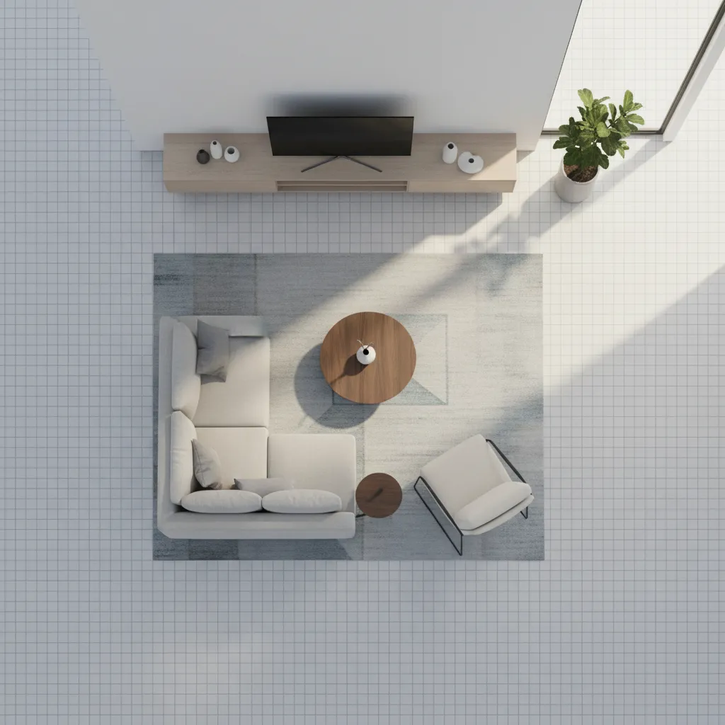 3D floor plan showing tile grid layout inside a modern living room