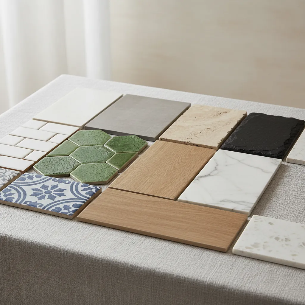 Samples of ceramic porcelain and stone floor tiles displayed on a tabletop