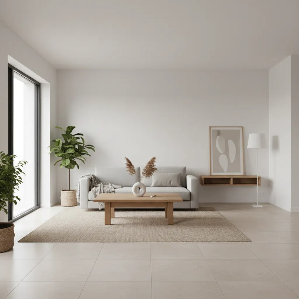 Simple living room featuring grey sofa wooden table green plants floor lamp and beige tiles