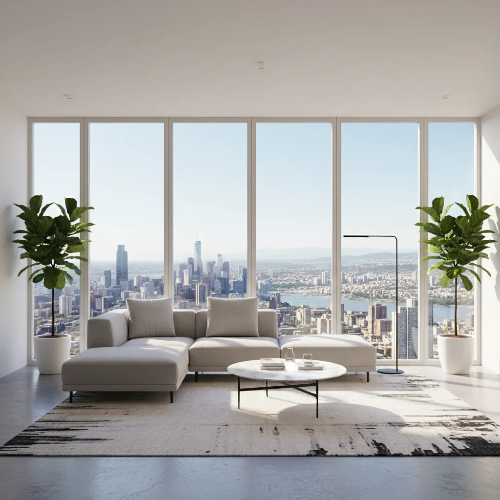 Floor to ceiling aluminium balcony window bringing daylight into modern living room